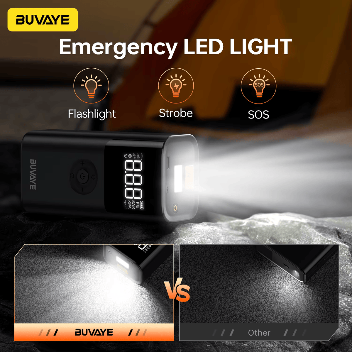 Buvaye emergency LED light with flashlight, strobe, and SOS modes on a dark background.